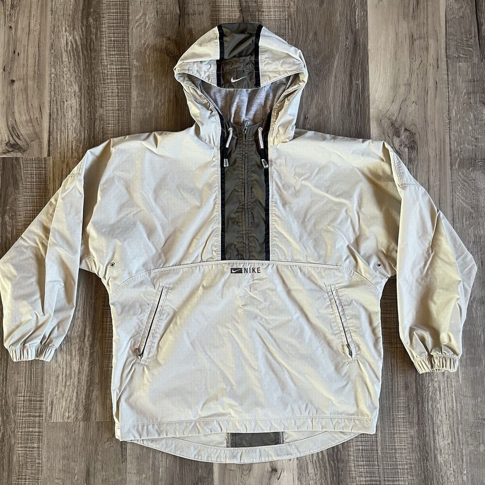 Vtg Womens NIKE Ivory Beige Color Block Pullover Anorak Windbreaker Jacket Sz S